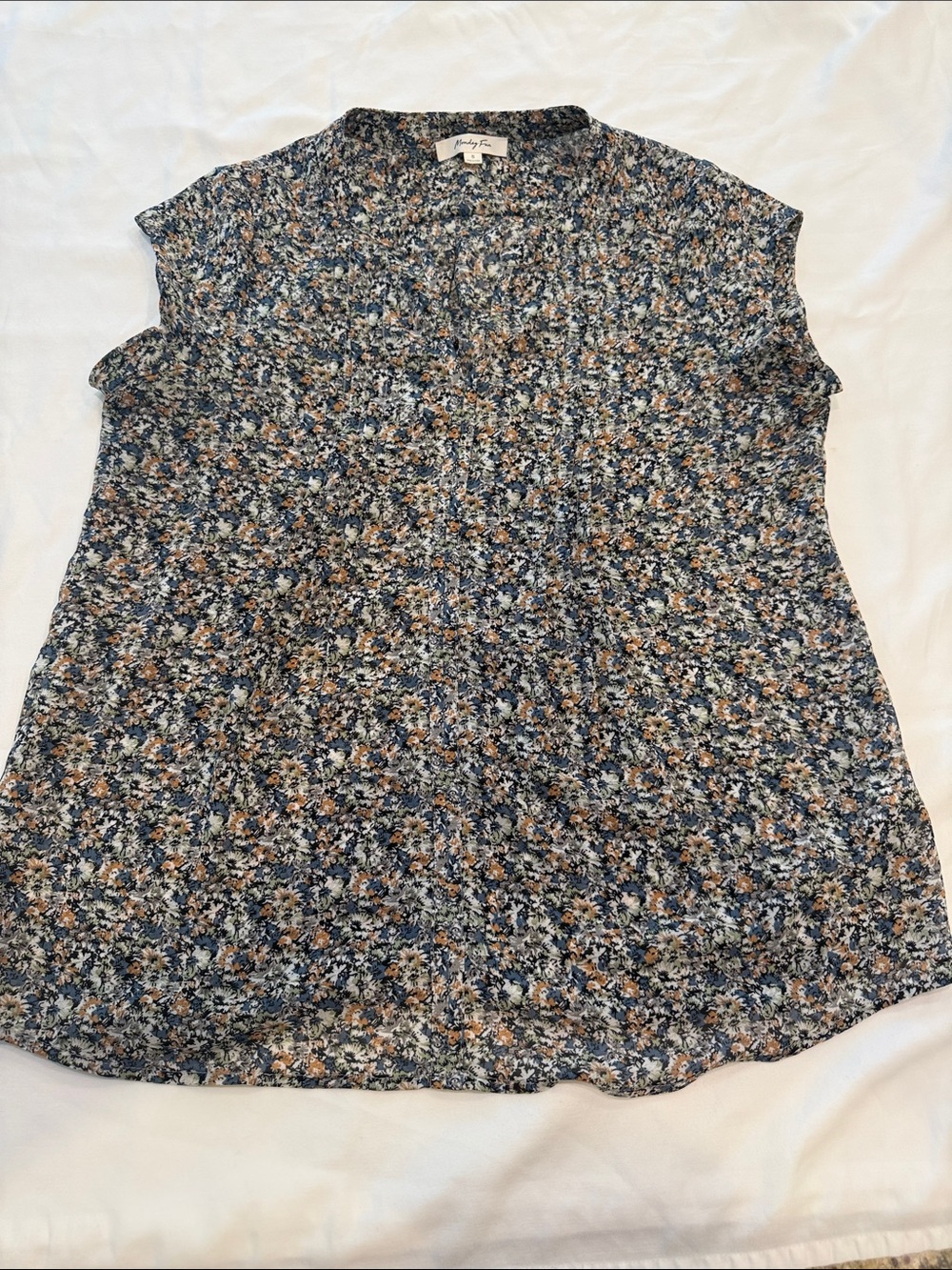 Petite Floral Cap Sleeve Blouse in Blue and Tan by Lucky Brand